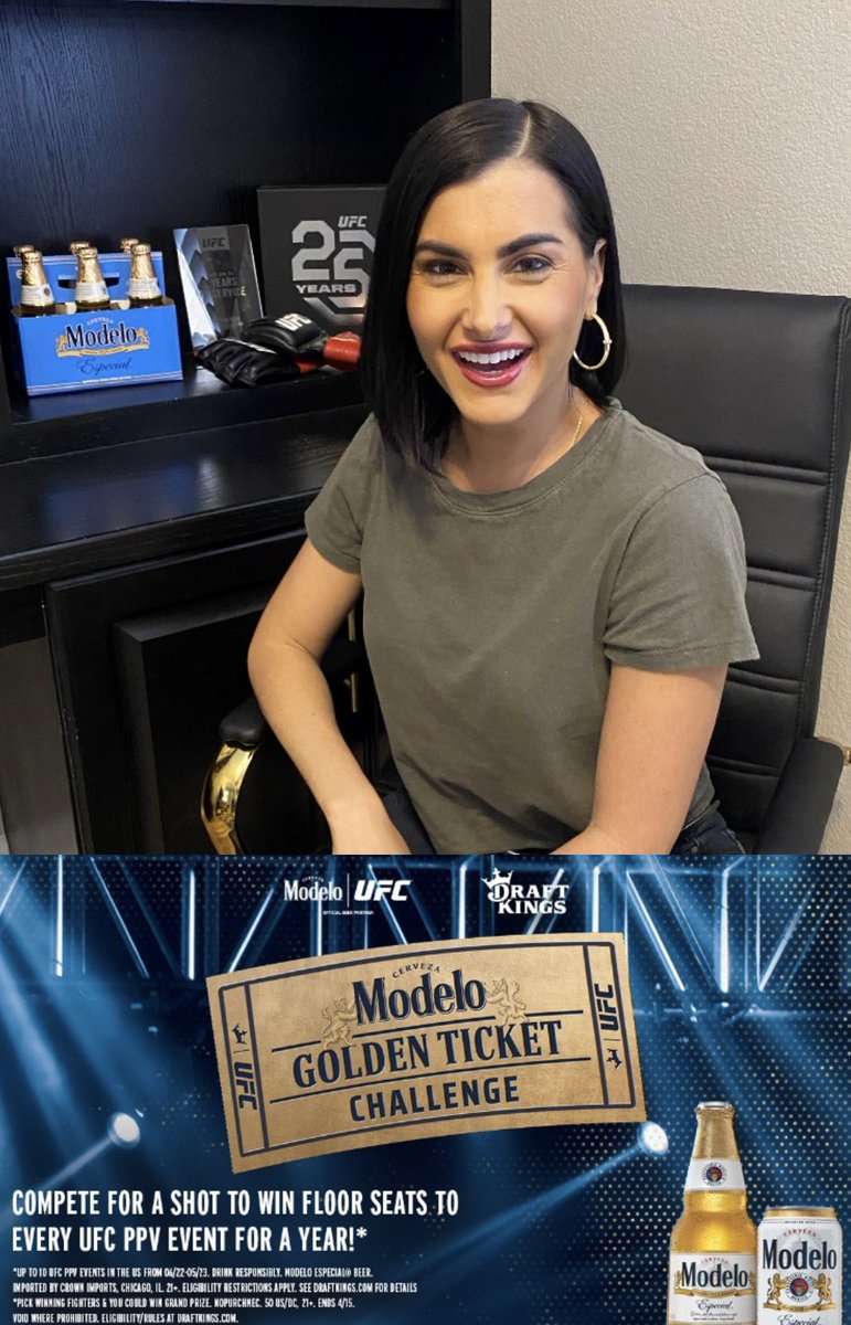 MeganOlivi's tweet photo. Pumped to be part of this golden partnership w/ @ModeloUSA! Enter to win the grand prize-- floor seats & travel to every UFC PPV event for a year & more. NoPurchNec. 50 US/DC, 21+. Ends 4/15. Void where prohibited. Elig./Rules @ https://t.co/w4gGb6wgs1. #ad #for21 #ModeloUFC https://t.co/ynE9VDSPse