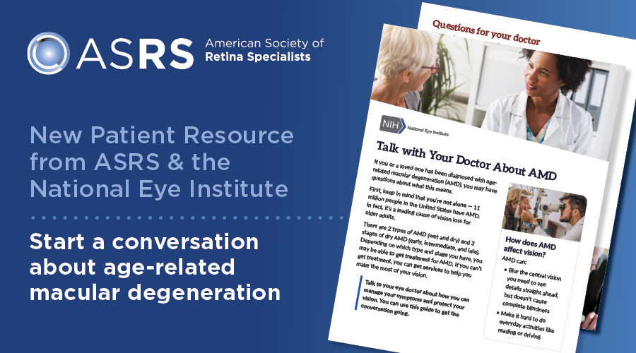 Being diagnosed with age-related #MacularDegeneration, or AMD, can bring up a lot of important #EyeHealth questions. Use @asrsdocs and @NatEyeInstitute’s guide to talk with your eye doctor about AMD: asrs.org/content/docume… #AMDAwarenesMonth