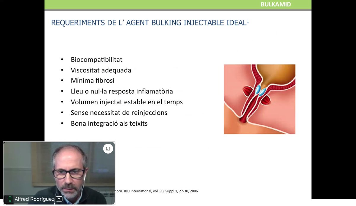 Seguim la sessió amb el Dr Alfred Rodríguez, discutint el paper dels agents bulking uretrals en el tractament quirúrgic de la incontinència urinària femenina.