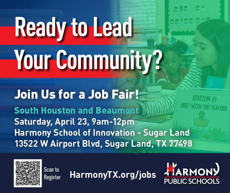 Are you looking for a career enriching the lives of children? HPS is looking for a few good teachers! Mark your calendars for Sat. April 23 for a Job Fair. Explore all the amazing opportunities we have at harmonytx.org/jobs
Please use the QR Code below to register.
