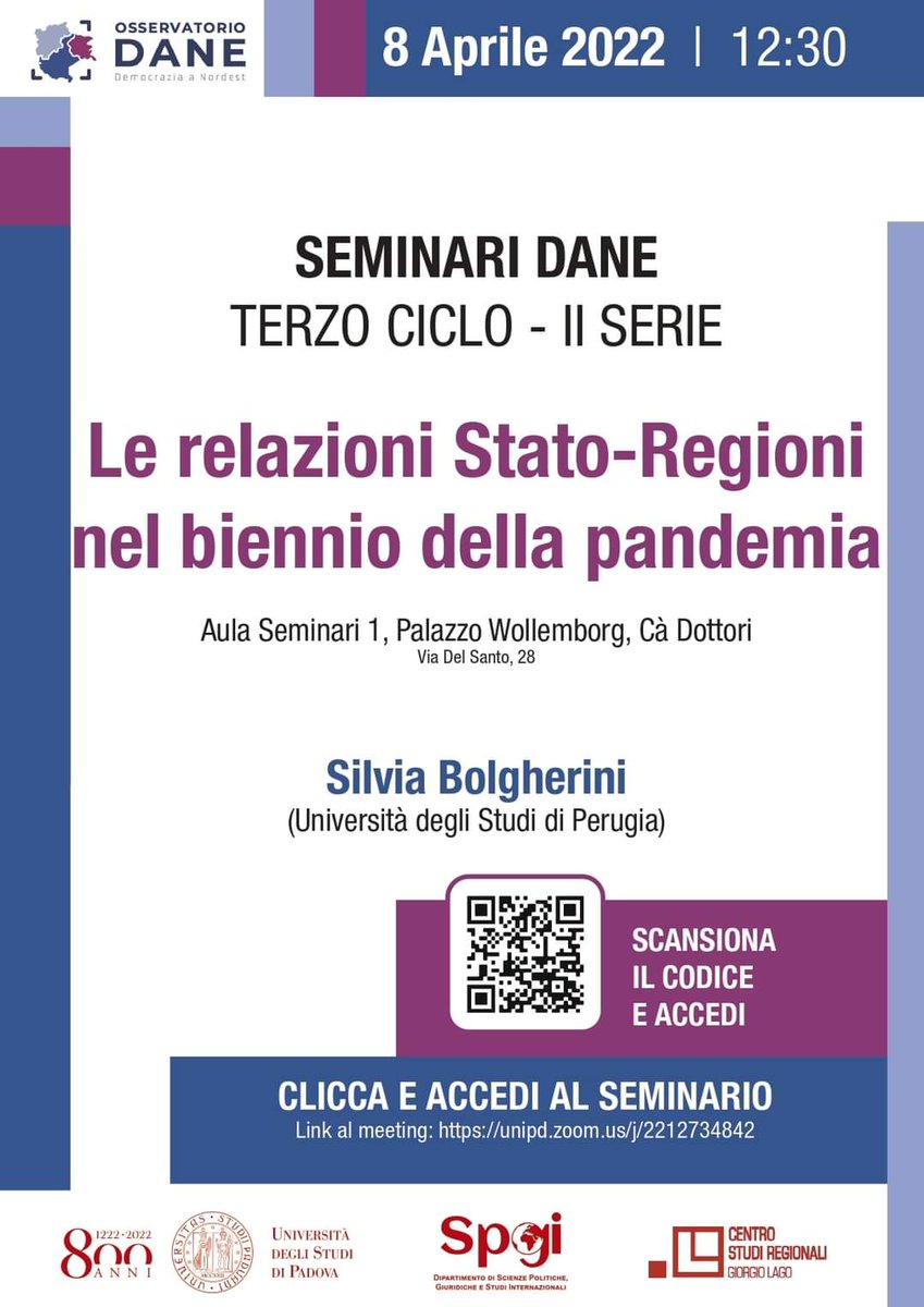 Ci vediamo domani, venerdì 8 aprile, ore 12:30 all'Aula Seminari 1 in via del Santo 28 a Padova per il prossimo seminario di DANE, dal tema "Le relazioni Stato-Religioni nel biennio della pandemia". Non mancate!

🌐 Potete connettervi all'incontro al link unipd.zoom.us/j/2212734842