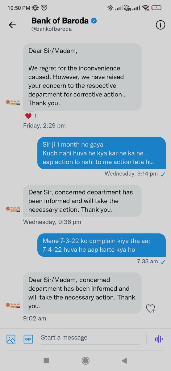 ranaharsh1011's tweet photo. 7-3-2022 ko mene complain kiya tha aaj 1 month complete. Huva he koi process nahi huva he. @bankofbaroda @dangarbharat @BankofBarodaCEO https://t.co/65dHokSlN6