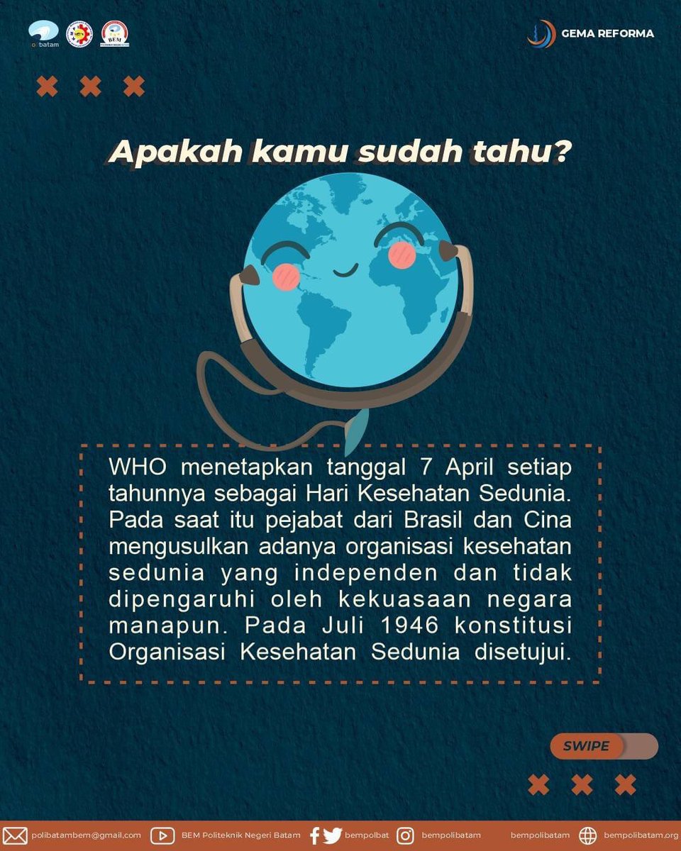bempolbat's tweet photo. [HIBERNASI : Selamat Memperingati Hari Kesehatan Sedunia]

Hola sobatku 🙌🏻
Selamat Memperingati Hari Kesehatan Sedunia !

Hari Kesehatan Sedunia atau dikenal dengan sebutan World Health Day (WHD), momen yang dimana dirayakan setiap tahun pada tanggal 7 April. l https://t.co/zHG2uRbjk4
