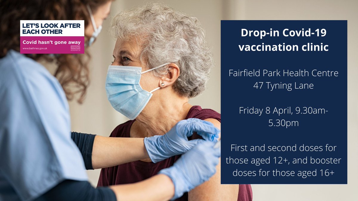 Grab your Covid 1st, 2nd or booster vax at a walk-in clinic in Bath tomorrow.

* 1st &amp; 2nd doses for 12+
* Boosters for 16+, plus at-risk children 12-15
* Spring boosters for 75+, plus 12+ with weakened immune system
* Additional primary doses for 12+ with weakened immune system