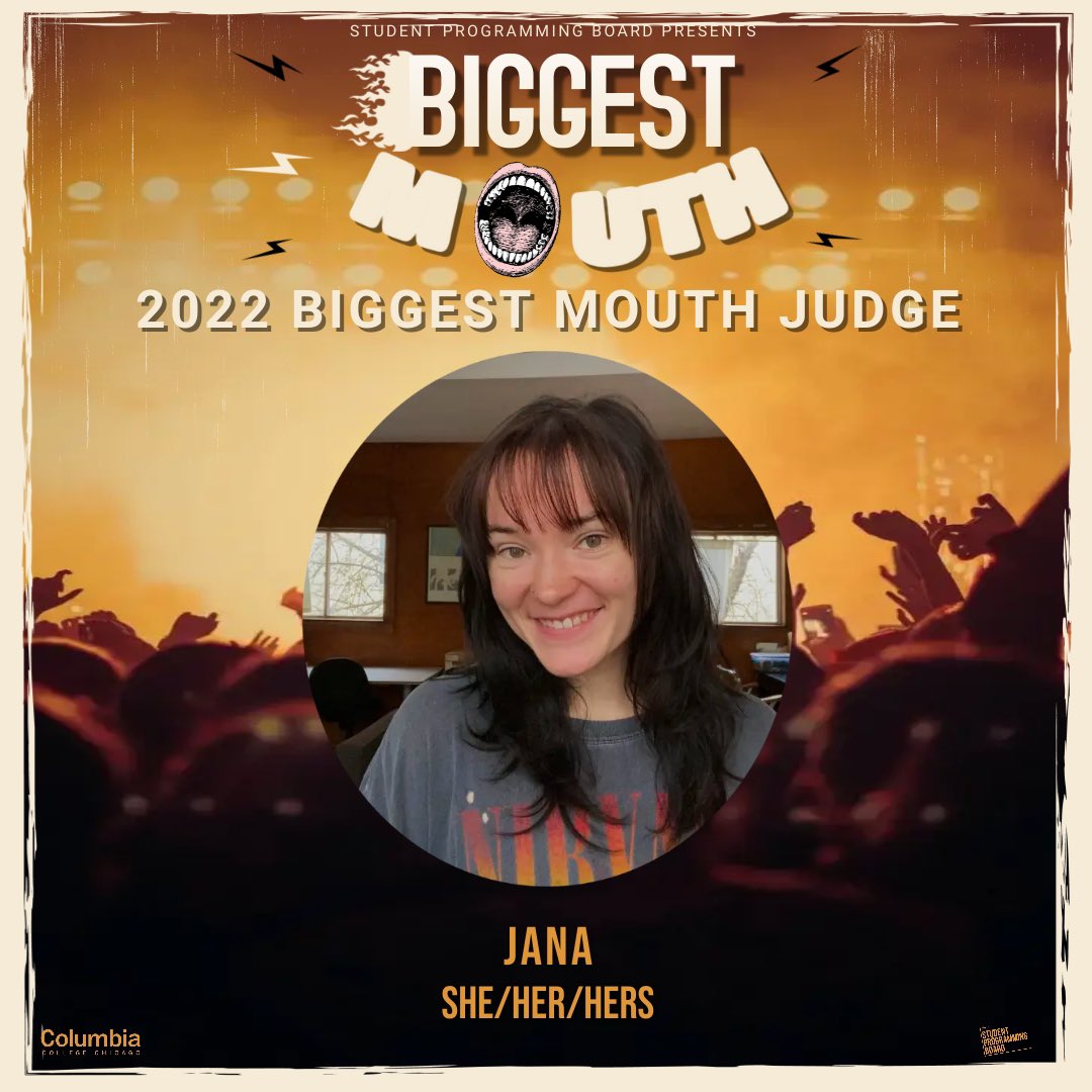 SPBcolumbia's tweet photo. BIGGEST MOUTH 2022 JUDGES 🤩🎶  
• 
Meet our judges for tonight at Biggest Mouth! Be sure to join us tonight, April 7th at 7 pm in the Metro (3730 N Clark St. Chicago, IL 60613)🤩 
#spbcolumbia #columbiacollegechicago https://t.co/ggZYtuIy1C