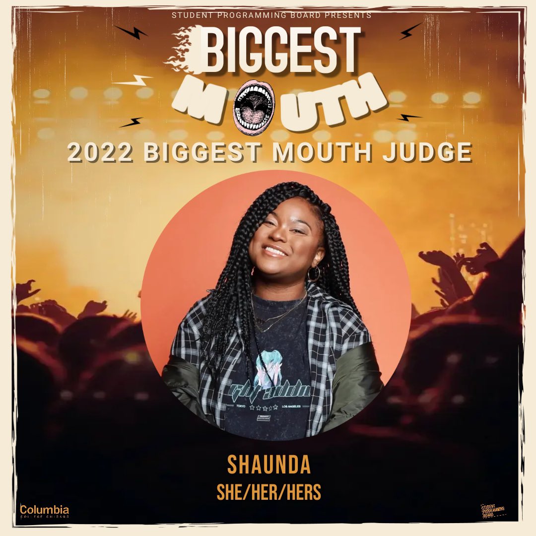 SPBcolumbia's tweet photo. BIGGEST MOUTH 2022 JUDGES 🤩🎶  
• 
Meet our judges for tonight at Biggest Mouth! Be sure to join us tonight, April 7th at 7 pm in the Metro (3730 N Clark St. Chicago, IL 60613)🤩 
#spbcolumbia #columbiacollegechicago https://t.co/ggZYtuIy1C