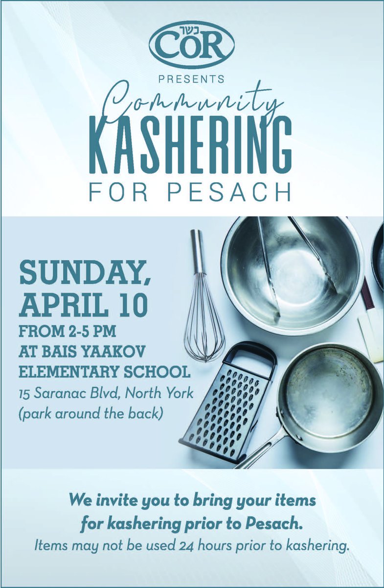 CORKosher's tweet image. THIS SUNDAY!
We invite you to bring your items for #kashering before #Pesach.

Please note that items may not be used for 24 hours prior to kashering.

Instructional videos on how to kasher at home are also available on our website: cor.ca/consumers/pass…