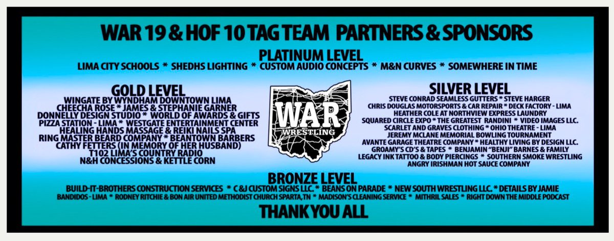 TheWARWrestling's tweet photo. 46 Partners & Sponsors support WAR 19 & HOF 10 event on May 21st.
#prowrestling #limaohio #WAR19 #HOF10 #WARWrestling #SupportSmallBusinesses #Wrestling https://t.co/Pujv2dYY0q