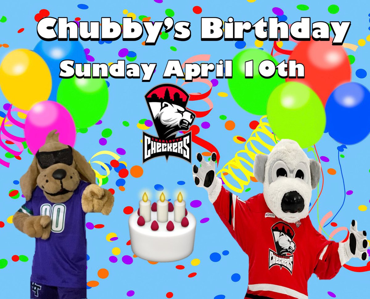 Join me as we celebrate Chubby’s Birthday at the <a href="/checkershockey/">Charlotte Checkers</a> game which starts at 1:00 on Sunday. See you there!!! #happybirthdaychubby🎊🎈🎂#letsgocheckers🏒