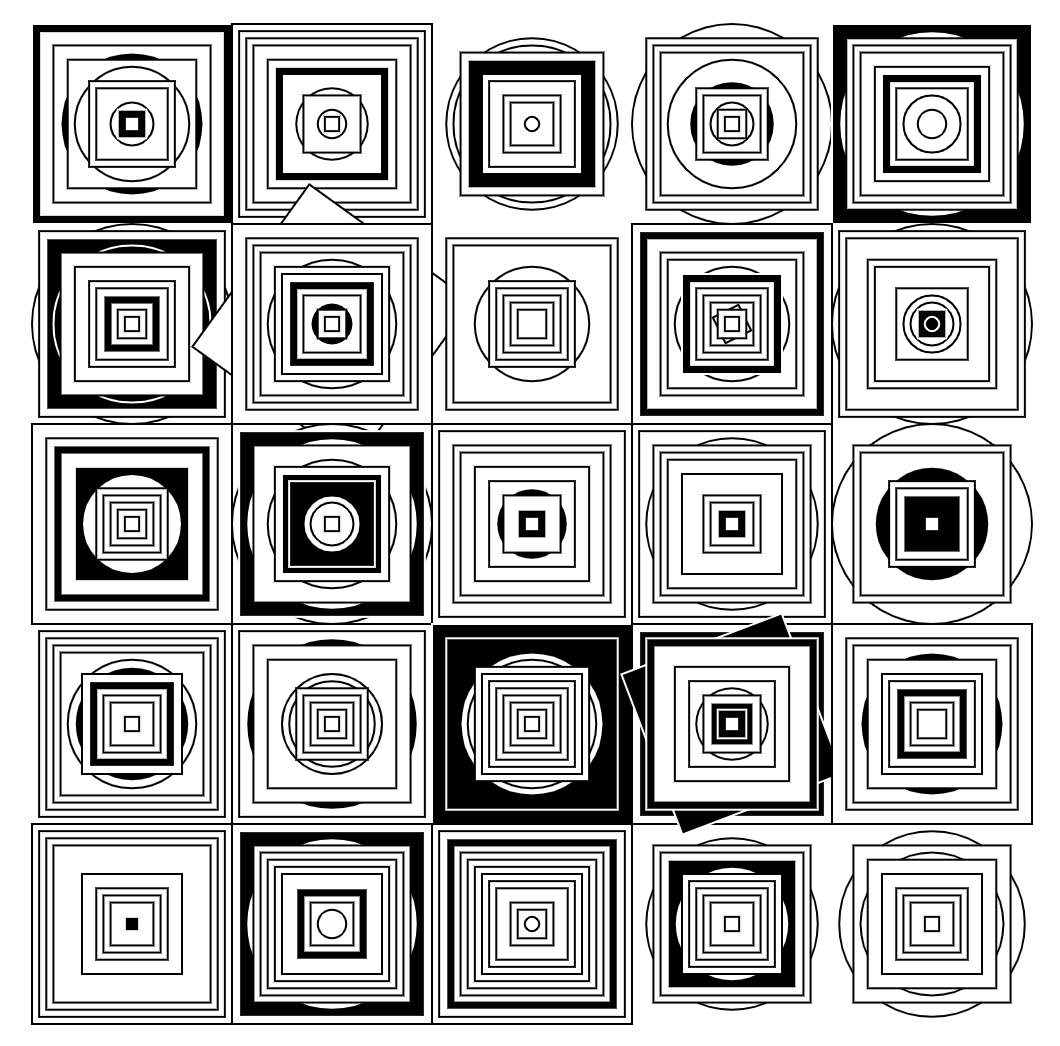 modusgenerative's tweet photo. 𝕣𝕒𝕟𝕕𝕠𝕞 𝕠𝕞𝕚𝕤𝕤𝕚𝕠𝕟
is a simple yet elegant idea that Vera Molnar used in her pieces. I was inspired by her untitled piece that is just a grid of stacked squares, but with some randomly omitted. I first recreated the original in P5JS (first image): https://t.co/yLabzoCIWJ