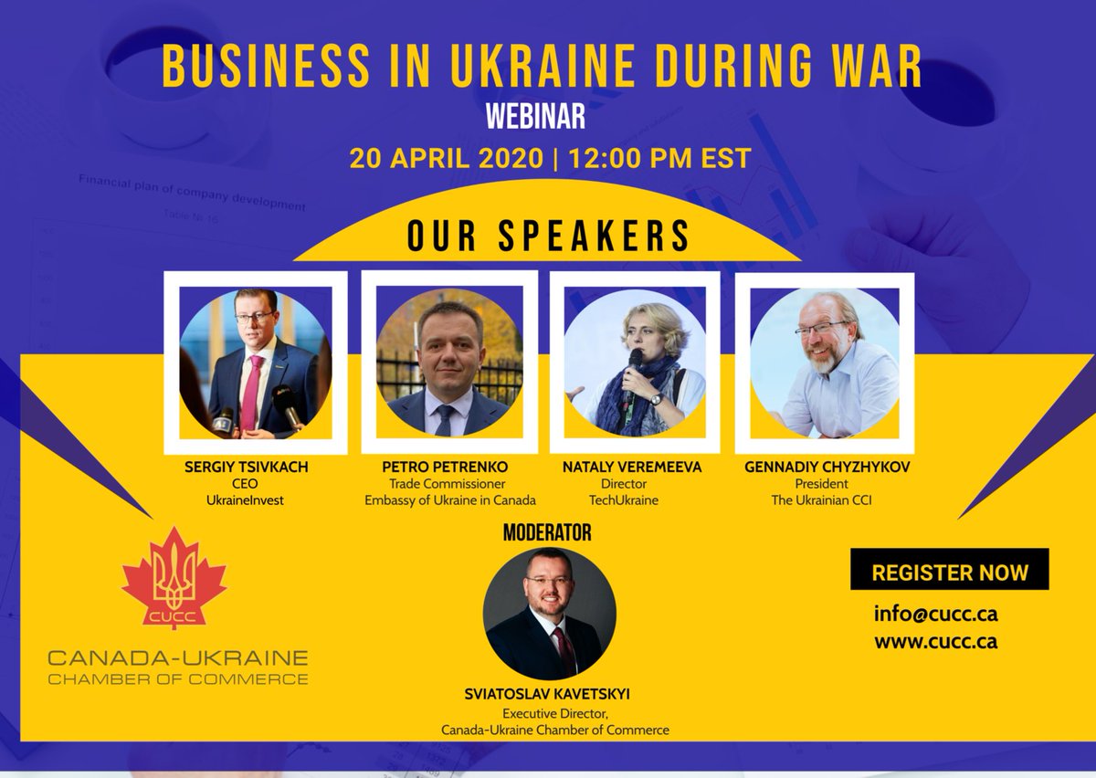 Please join us on Wednesday, April 20th at 12:00 PM EST and find out what Ukrainian businesses are facing during war.

To register, please use link below (Zoom link will be sent out one day prior to event): forms.gle/Wjcd9qdJsWpTg2…