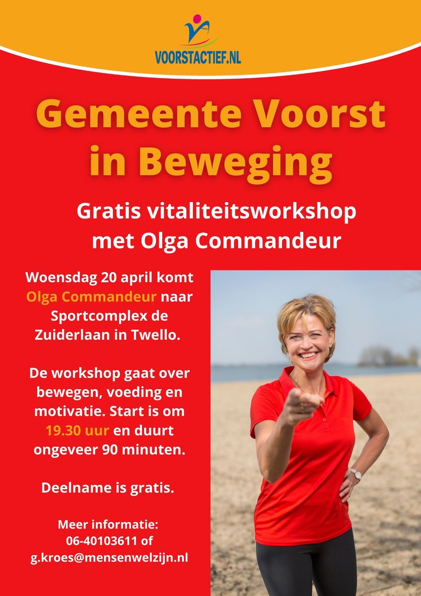 VITALITEITSWORKSHOP MET OLGA COMMANDEUR
In de #VoorsterSportweek, op woensdag 20 april, komt <a href="/OlgaCommandeur/">Olga Commandeur</a> naar Twello voor een interactieve workshop over verschillende aspecten die bijdragen aan gezond en vitaal ouder worden.