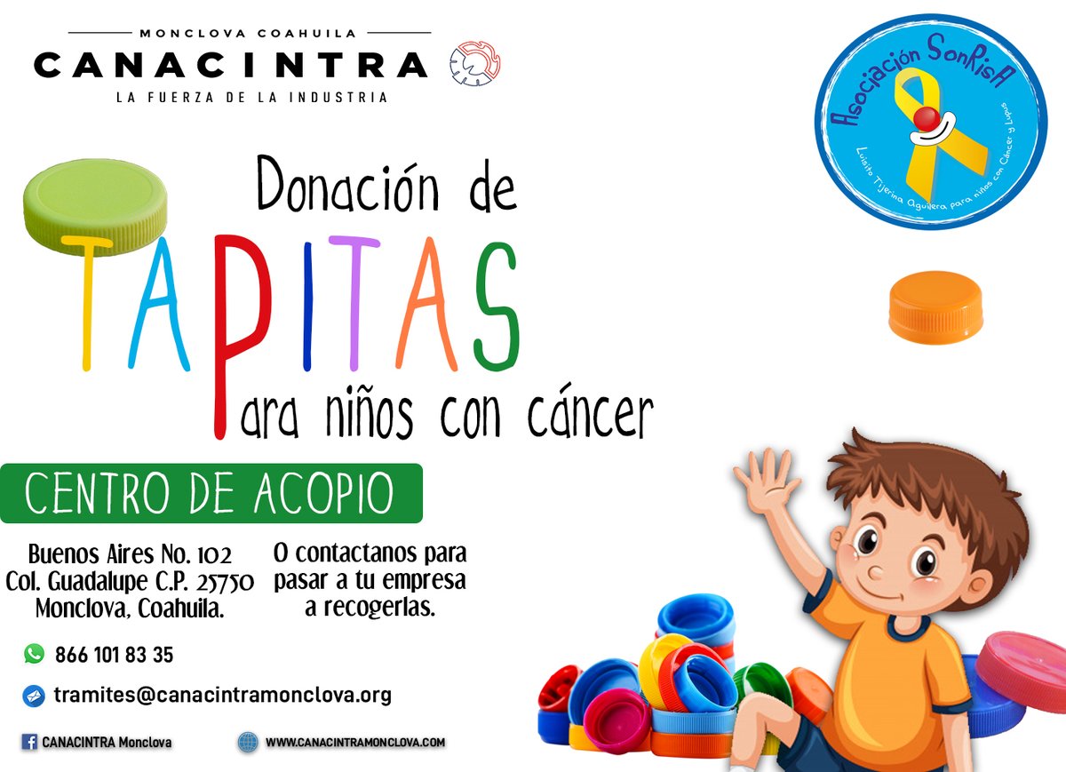 📣Se les invita a participar en la recolecta de tapitas CANACINTRA Monclova 2022📣
Recuerda, las tapitas que tira usualmente se convierten en basura, ayuda a que se conviertan en recursos para apoyar a tratamientos de niños con cáncer. #CANACINTRA #Monclova #LaFuerzaDeLaIndustria