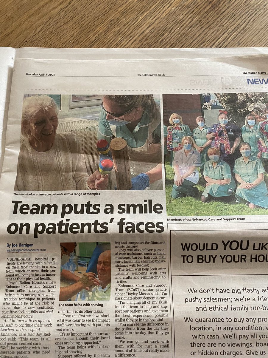 We’re so happy to have made the local news thank you  <a href="/TheBoltonNews/">The Bolton News</a> for featuring our amazing new team #enhancedcareRBH #personcentredcare #dementiafriendly <a href="/Joyredwood2/">Joy.redwood</a> <a href="/boltonnhsft/">Bolton NHS Foundation Trust</a> 😊👏🏼👏🏼