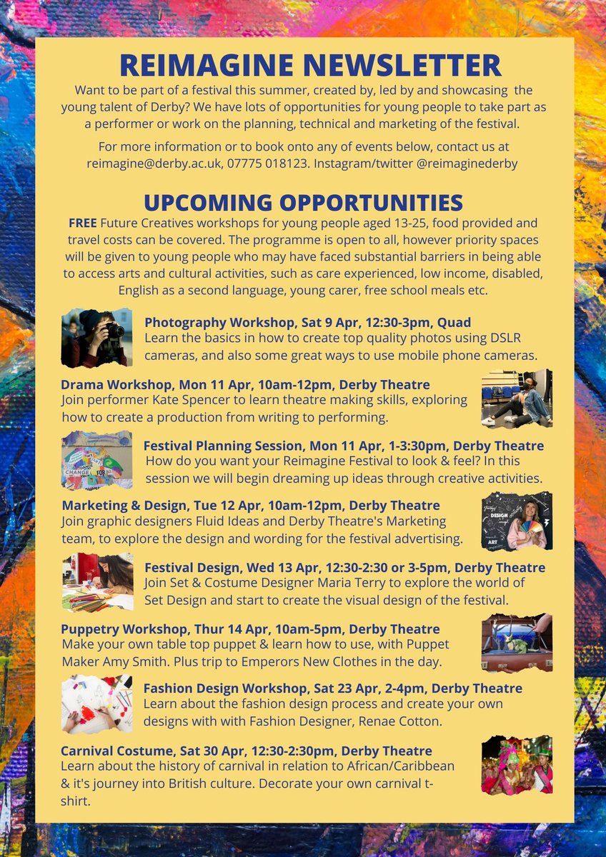 Reimagine Derby (@reimaginederby) on Twitter photo We have loads of free activities coming up over the next few weeks for our #FutureCreatives programme. If you’re aged 13-25, interested in arts, want to learn a new skill & potentially take part in our #ReimagineFestival festival this summer, get in touch reimagine@derby.ac.uk We have loads of free activities coming up over the next few weeks for our #FutureCreatives programme. If you’re aged 13-25, interested in arts, want to learn a new skill & potentially take part in our #ReimagineFestival festival this summer, get in touch reimagine@derby.ac.uk