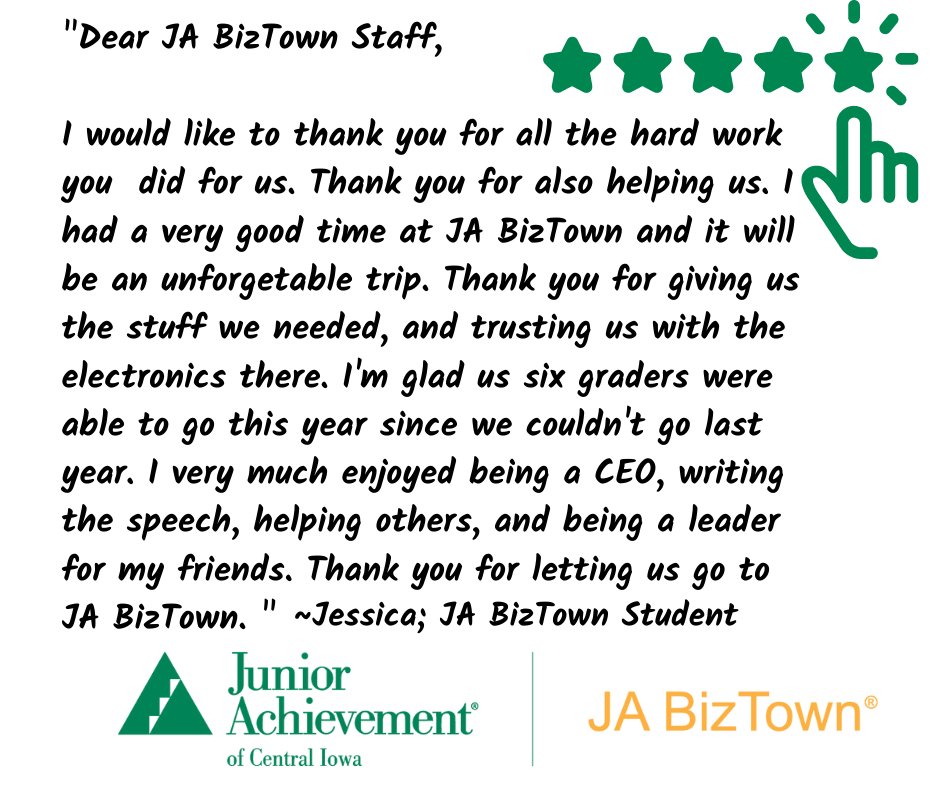 JACentralIowa's tweet photo. You are sure welcome, Jessica! You are the reason we do what we do! 
Check out this great JA BizTown testimonial. Proof that JA inspires and empowers students right here in Central Iowa. 
#UnforgetableTrip #BeingALeader #TrustingUs https://t.co/ySoiwVh9N3
