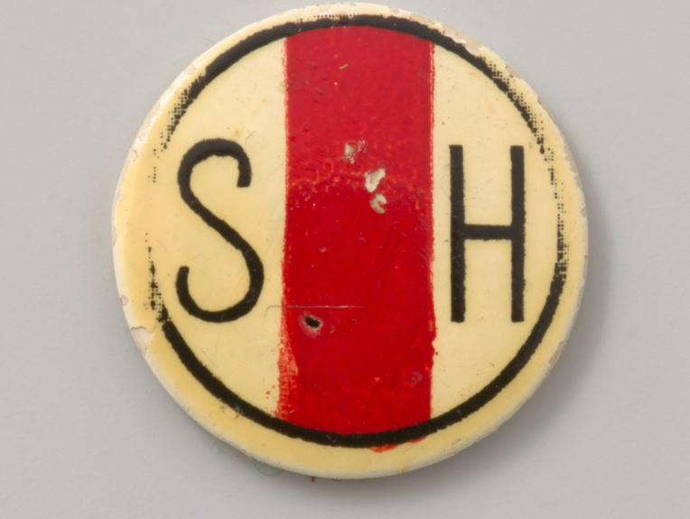 KOM KIJKEN 👀 | Brigade-generaal John Hackett werd na een operatie in het St. Elisabeth Gasthuis door het verzet het ziekenhuis uit gesmokkeld. Om zijn Britse identiteit te verhullen droeg hij dit speldje, slechthorend én in het Duits: schlecht hörend, wanneer hij buiten was.