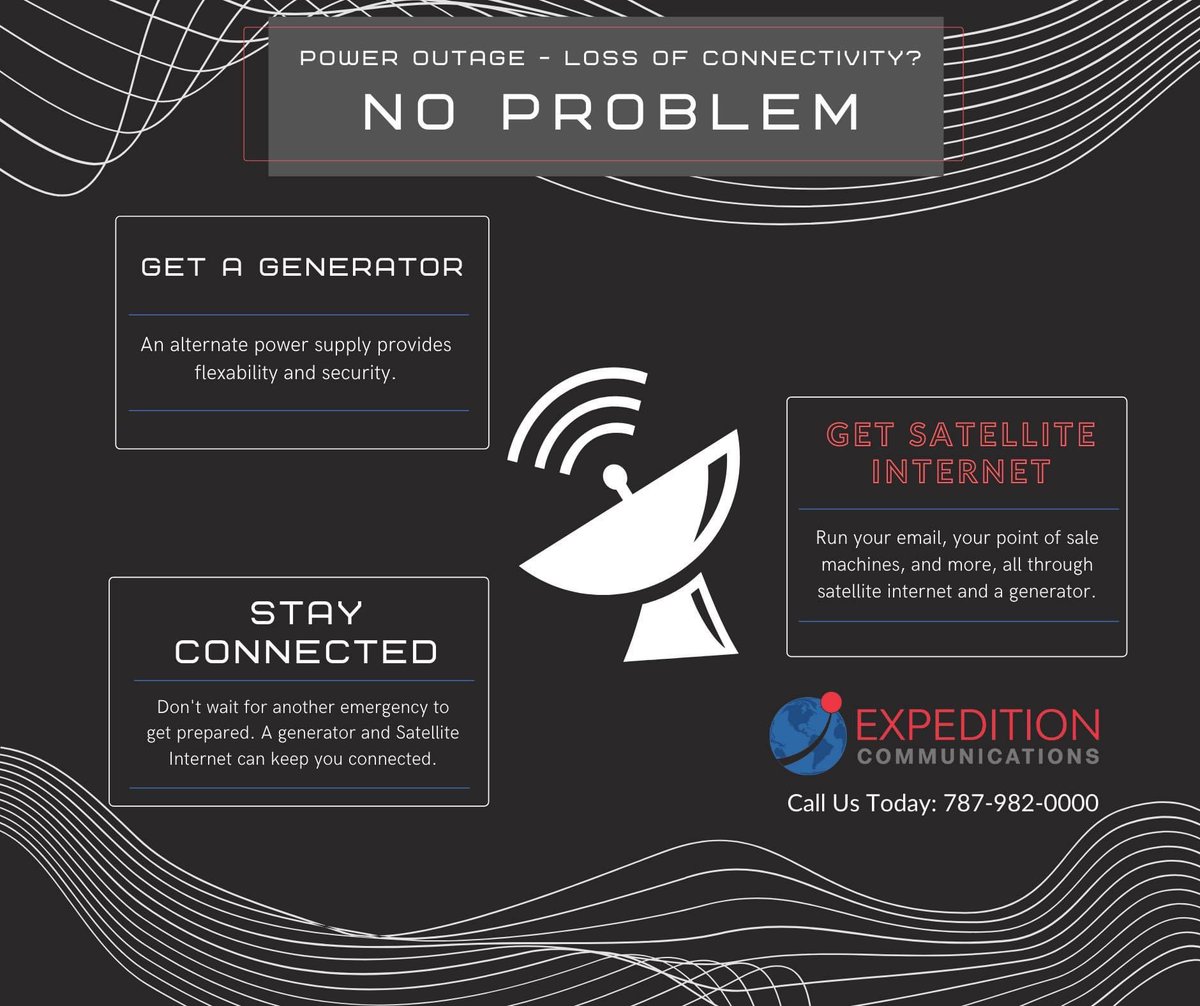 ExpeditionComm1's tweet photo. Today’s massive power outage in Puerto Rico was a good reminder about the need for back-up communication solutions. Don’t wait to get prepared. 

Prepararse. Mantente conectado. #InternetSatelital 

https://t.co/cJgcRa10ip https://t.co/G8SRSfJw0R