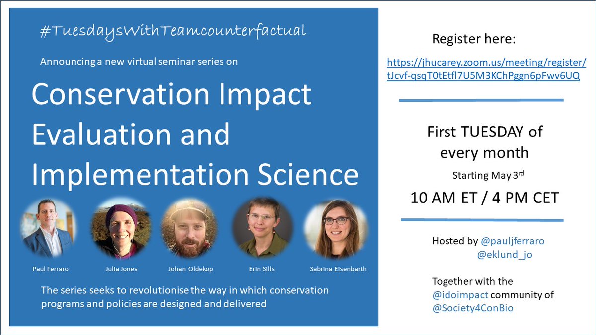 Interested in impact evaluation and implementation science in conservation? Check out #TuesdaysWithTeamcounterfactual, a new seminar series hosted by <a href="/eklund_jo/">Johanna Eklund</a> and me w/the Impact Evaluation Working Group of <a href="/Society4ConBio/">SCB</a>. See thread ⬇️
Register here: jhucarey.zoom.us/meeting/regist…
