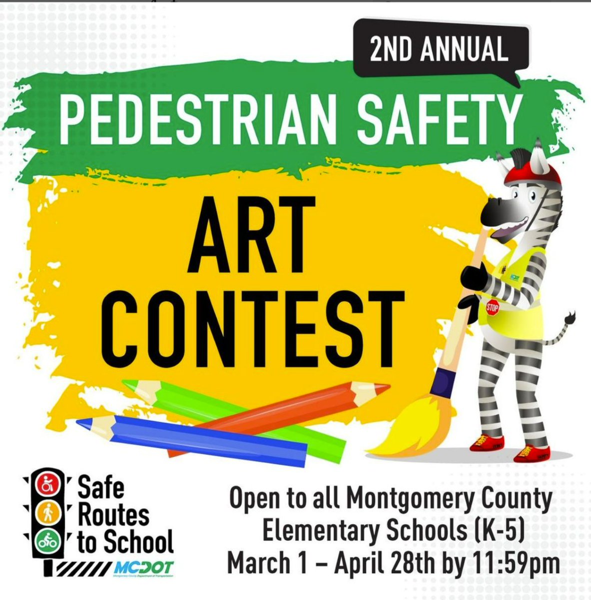 <a href="/MontgomeryCoMD/">Montgomery County MD Government</a> elementary students are encouraged to participate in this year’s Pedestrian Safety Art Contest. 

Submissions are accepted until 11:59pm on Thursday, April 28.
 
Tap here for details on how to enter: bit.ly/3KyjiXU 
<a href="/MCC_PTA/">MCCPTA</a> <a href="/mocoboe/">Moco BOE</a> @artsontheblock