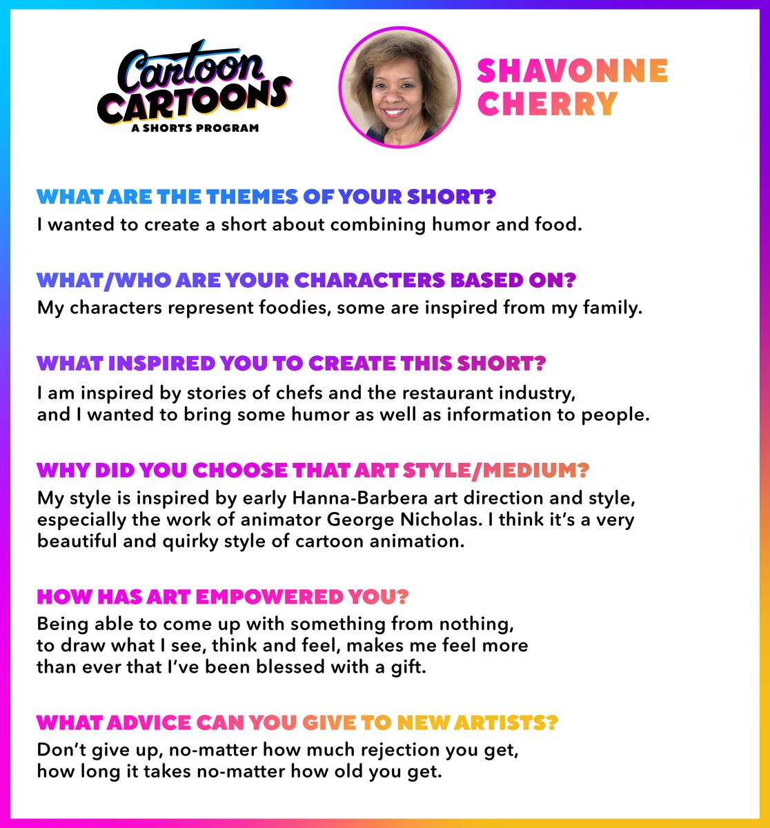 Meet Cartoon Cartoons artist @Shavonne_Cherry! Her short, Off the Menu, centers around four animals who have humor-filled conversations about the world of food! 🐮🐔🐷🐟 Stay tuned for more artist features from Cartoon Cartoons! #CartoonNetwork #Artists #AnimatedShorts