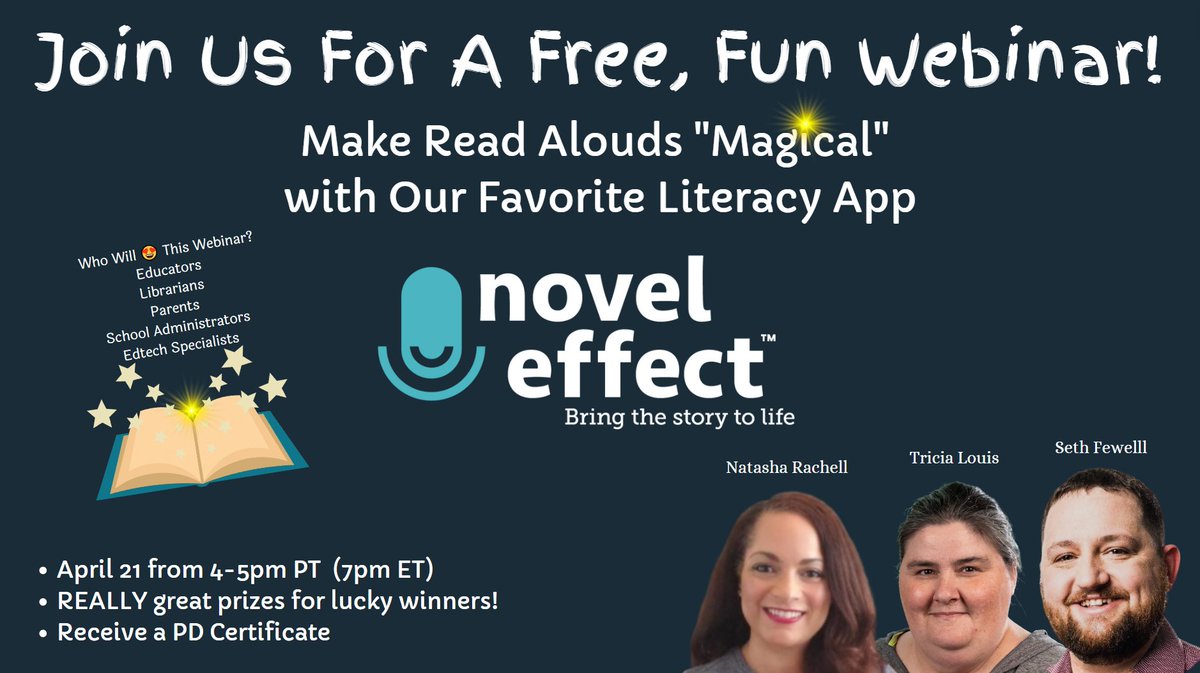 kerszi's tweet photo. ✨You're all invited!  EVERYONE who loves children's books will be enthralled, engaged, and entranced by what these 3 superstar educators have to share about @Novel_Effect ~ the magical app that makes #readalouds come to life!
🔮Join us!  Register here: https://t.co/z1Bz3zUF9Q https://t.co/Jwujo0Pwj4