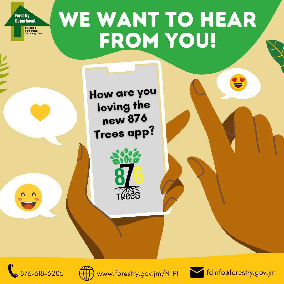 ForestryDeptJa's tweet photo. Have you downloaded the 876Trees App? How are you loving it? Tell us in the comments!
#NTPI #ForestryDept #876Trees #mobileapp #Jamaica #Climatechange #Environment #TreePlanting https://t.co/bZWWtpi45x