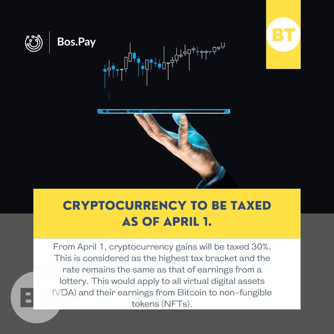 A publisher in New Delhi has confirmed that as of April 1, profits obtained in cryptocurrency will be taxed. 

Visit our site for more: bostechnology.co.za
#Euthereum
#Cardona
#BOS.Pay
#crypto #cryptocurrency #defi #fintech #blockchain #payments #business
#dogecoin...