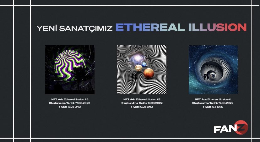 FanzFinancetr's tweet photo. Yeni Sanatçımız @etheillusionft 🎨

Sen de #NFT sanatçısı olarak Fanz’da yer alabilirsin ✨

Koleksiyon detayları için ⤵️
📍https://t.co/eoQ4GfYr52 https://t.co/xYDHQWwjfQ