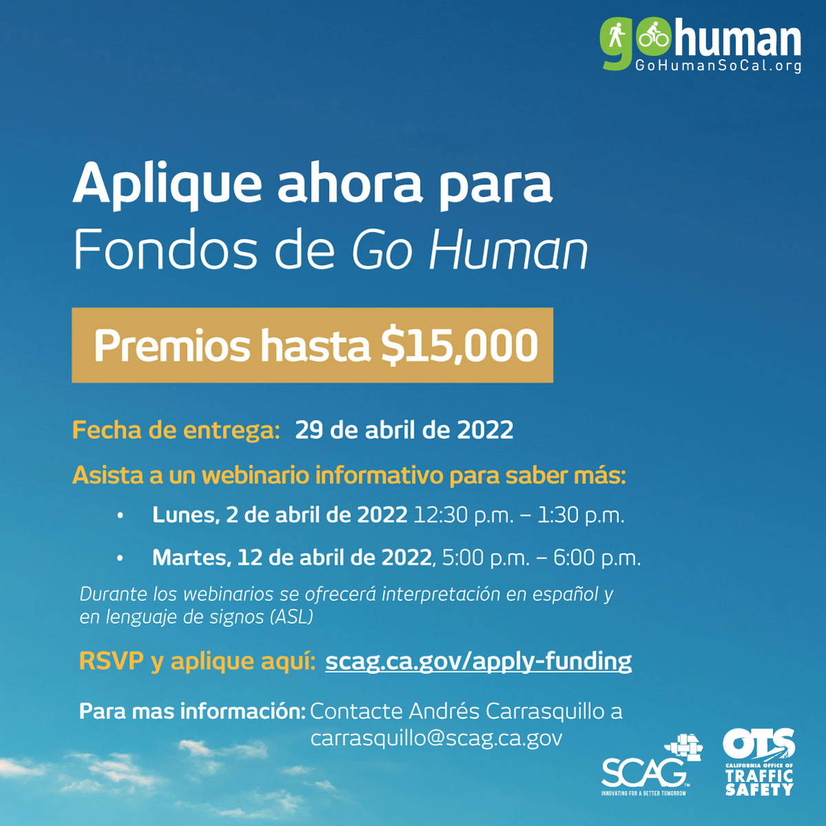 GoHumanSoCal's tweet photo. Participe en el webinario (12-abril, 5pm) Fondos de #GoHumanSocal @OTS_CA. Personal y beneficiarios anteriores hablarán sobre lo que hace una aplicación efectiva e ideas de proyectos pasados. Habrá interpretación en español y lenguaje de signos. @SCAGnews https://t.co/iPh8lG8TJQ https://t.co/35wl0UJVcY