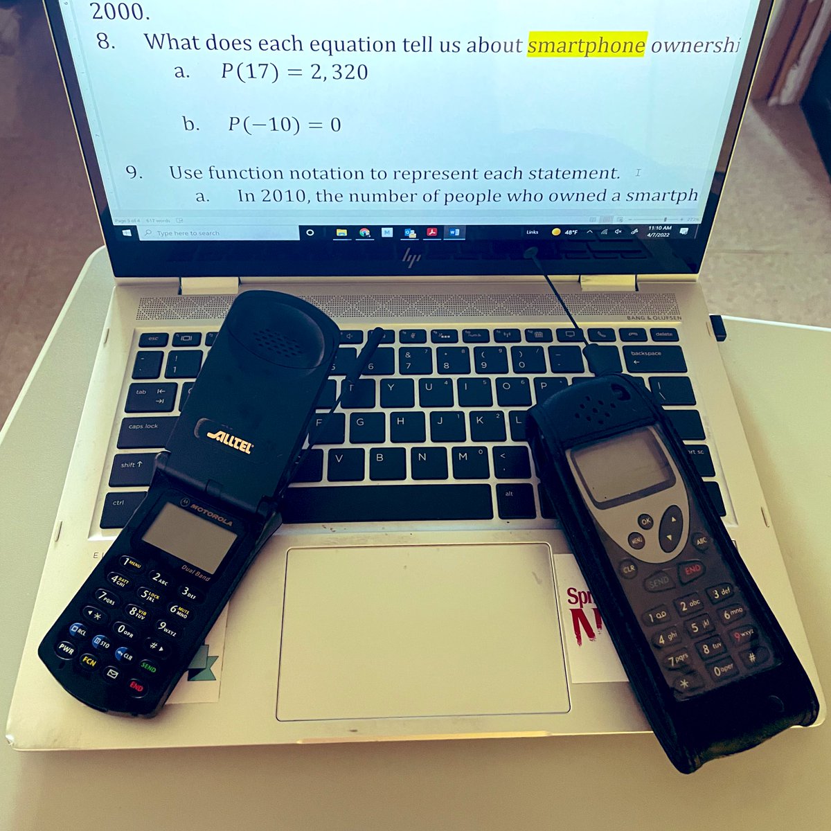 brianpyck's tweet photo. An @IllustrateMath algebra problem gave me a chance to show my students two of my old cell phones!!! #historyandmath #nokia #motorolarazr https://t.co/Aa5GRzUit7