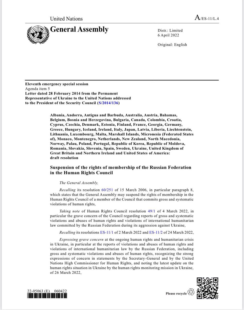 LuxembourgUN's tweet photo. Today @UN General Assembly decided to suspend Russia’s rights of membership in the Human Rights Council.

A crucial vote 🗳 to #Standup4HumanRights, uphold @UN_HRC’s integrity and hold Russia accountable following reports of atrocities committed by its armed forces in #Ukraine🇺🇦 https://t.co/VKzbKOe6Zb
