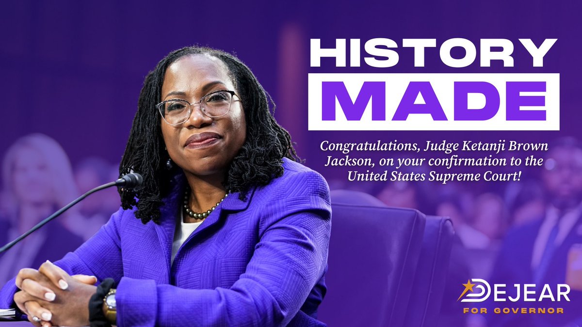 DeidreDeJear's tweet photo. This afternoon, history was made. For the first time in the history of our great nation, a Black woman was confirmed to the United States Supreme Court. Judge Ketanji Brown Jackson’s record is impeccable. I am thankful to @POTUS for nominating her to our highest court.. 1/ https://t.co/HupNnYhMhw