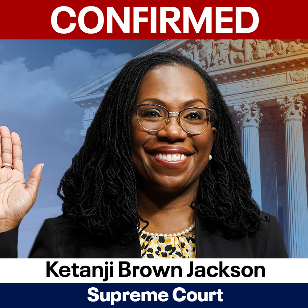 KTVU's tweet photo. WE ARE WITNESSING HISTORY! The U.S. Senate just confirmed Ketanji Brown Jackson to the #SCOTUS in a 53-47 vote. https://t.co/55znNU5d0P