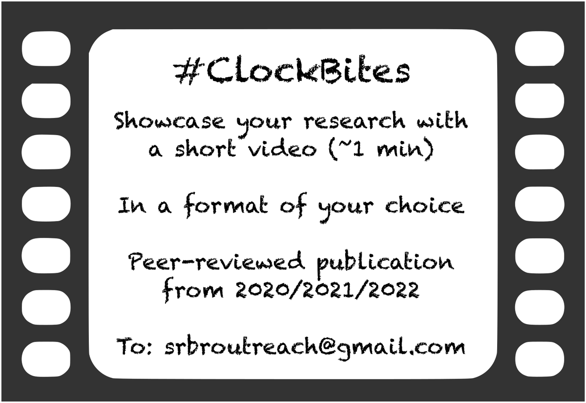 Showcase your research on #clocks as bite-sized videos on the <a href="/SRBR_Outreach/">Society for Research on Biological Rhythms</a> social media
➕ 
⭐️Have the videos featured at #SRBR2022. ⭐️ 
HURRY and submit in April !
Recent #ClockBites 👉 bit.ly/3HRtxWw
and more info 👇.
Please RT and encourage your colleagues.