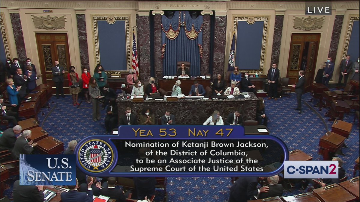 cspan's tweet image. #BREAKING

U.S. Senate CONFIRMS Judge Ketanji Brown Jackson to be an Associate Justice on the U.S. Supreme Court, 53-47.

#SCOTUSConfirmation #SCOTUS