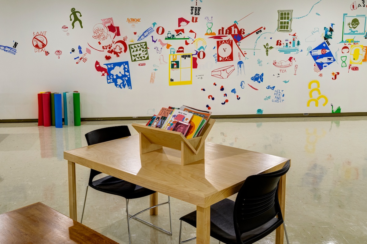 OwensArtGallery's tweet photo. The Owens Free Space is open for just a few more days. Add your voice to this space up until Sunday!
Explore nearly 450 zines, then make your own. Experiment with adhesive vinyl and add to the mural. Play a record or just hang out, this space can be what ever you need it to be. https://t.co/oBKFj7z5dR