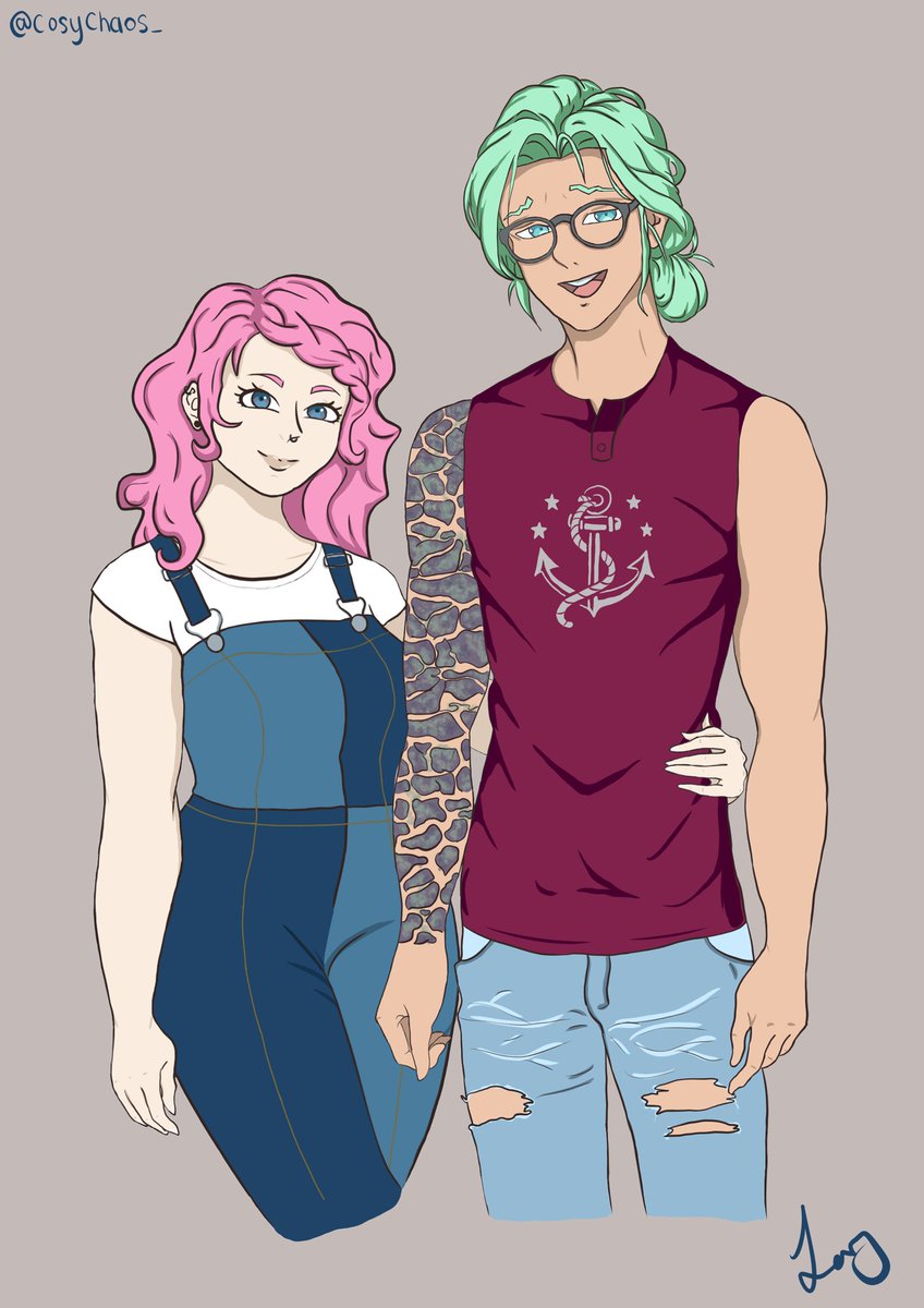 Anime style drawing of my main character avatar and Cove Holden from the game Our Life. On the left is a curvy woman with pink hair, black earrings, septum ring, fair skin, blue eyes, wearing a denim jumpsuit. She has her arm around a much taller man with green hair, full sleeve tattoo of water, glasses, red vest top with anchor on it, ripped light blue jeans. They're both smiling, the man with his mouth open and teeth showing.