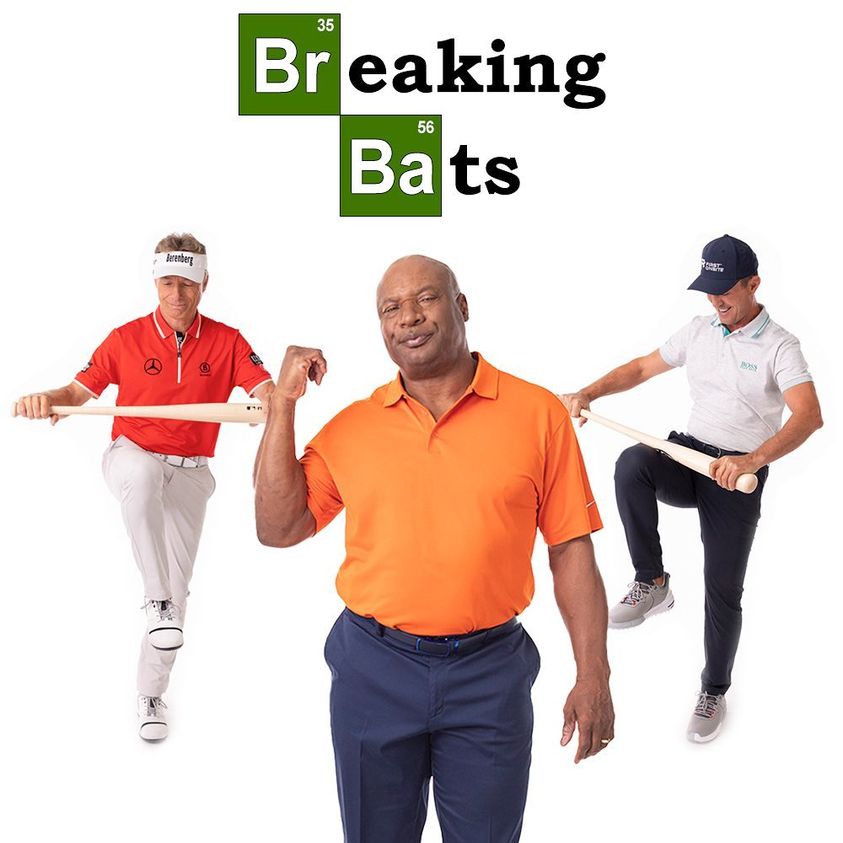 TourEdgeGolf's tweet photo. It’s a BIG day in sports...in addition to Masters Round 1, it’s also @mlb Opening Day‼️

We wanted to send a tribute out to TE ambassador &amp; baseball great @bojackson w/our Masters players @BernhardLanger6 &amp; @mweirsy  attempting” to go full #breakingbats like Bo used to do
😂🤣 https://t.co/WQkW4HZqdC