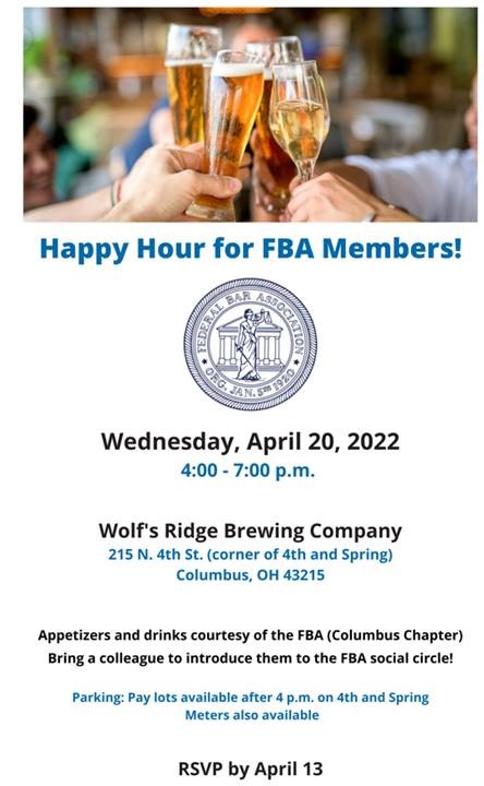 FBAColumbus's tweet photo. It's been a while! Please join us at Wolf's Ridge Brewing Co. on Wed., April 20 from 4:00 to 7:00 p.m. for an FBA happy hour, and feel free to bring a colleague (or two or three...)! Appetizers and drinks courtesy of the Columbus Chapter. We look forward to seeing you in-person! https://t.co/9677omOvvt