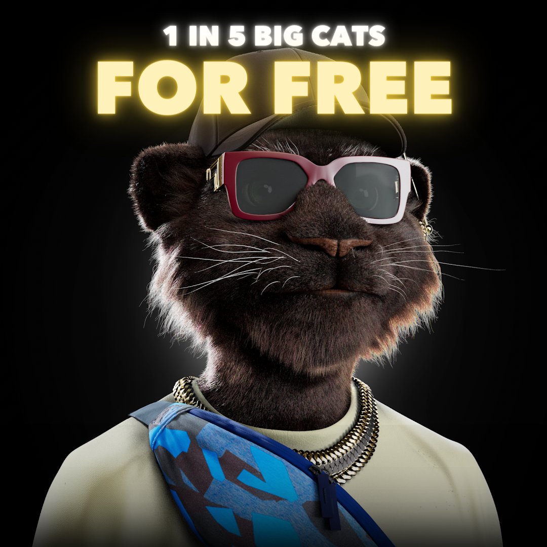 8livesio's tweet photo. We've given away 8 Big Cats &amp; we're looking for more lucky winners 👀. Do you want one? 

HOW TO ENTER: Buy a Big Cat off the OS floor for a 1 in 5 chance of getting your NFT for FREE! Offer ending soon.

🔥RT for a chance to win $100 ~ 24h⏳ 

#NFTGiveaway #NFTs #BigCatsNFT #BCP https://t.co/GsvEe8QxR1