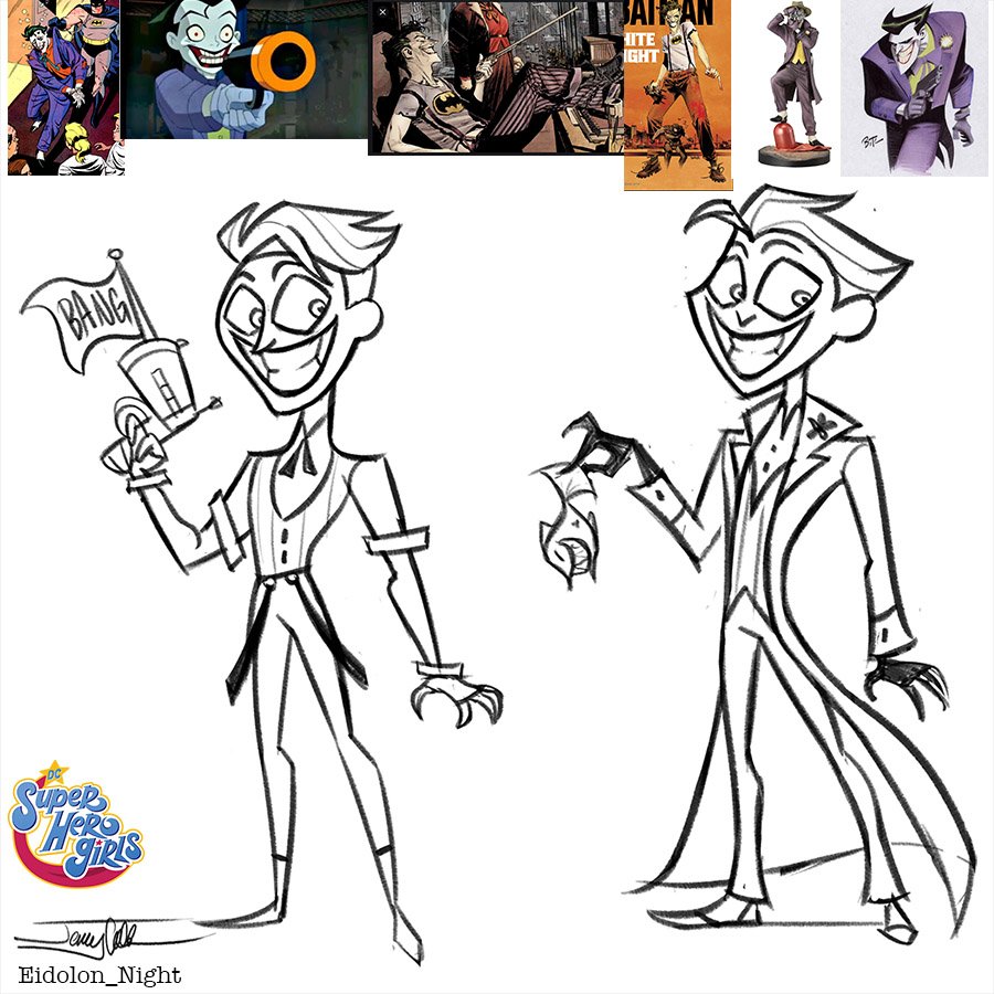 Some Joker vis dev from when I worked on DC Superhero Girls along with my inspiration! I was mostly inspired by Bruce Timm's Batman Animated versions including Beyond's Tim Joker Jr. & the White Knight comic Joker by Sean Murphy! My final version ended up more "Classic" BTAS! 