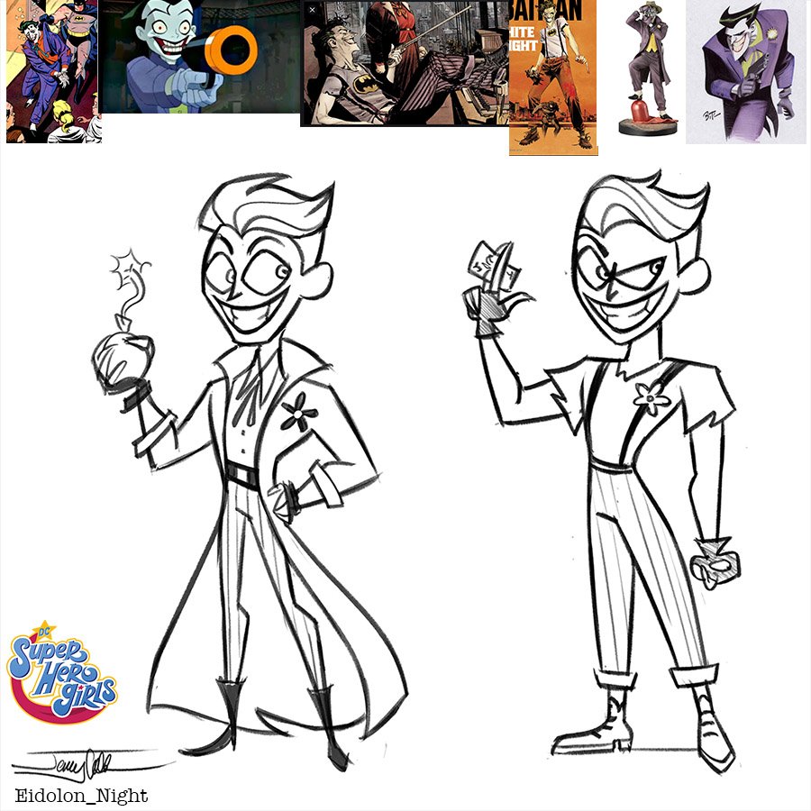 Some Joker vis dev from when I worked on DC Superhero Girls along with my inspiration! I was mostly inspired by Bruce Timm's Batman Animated versions including Beyond's Tim Joker Jr. & the White Knight comic Joker by Sean Murphy! My final version ended up more "Classic" BTAS! 