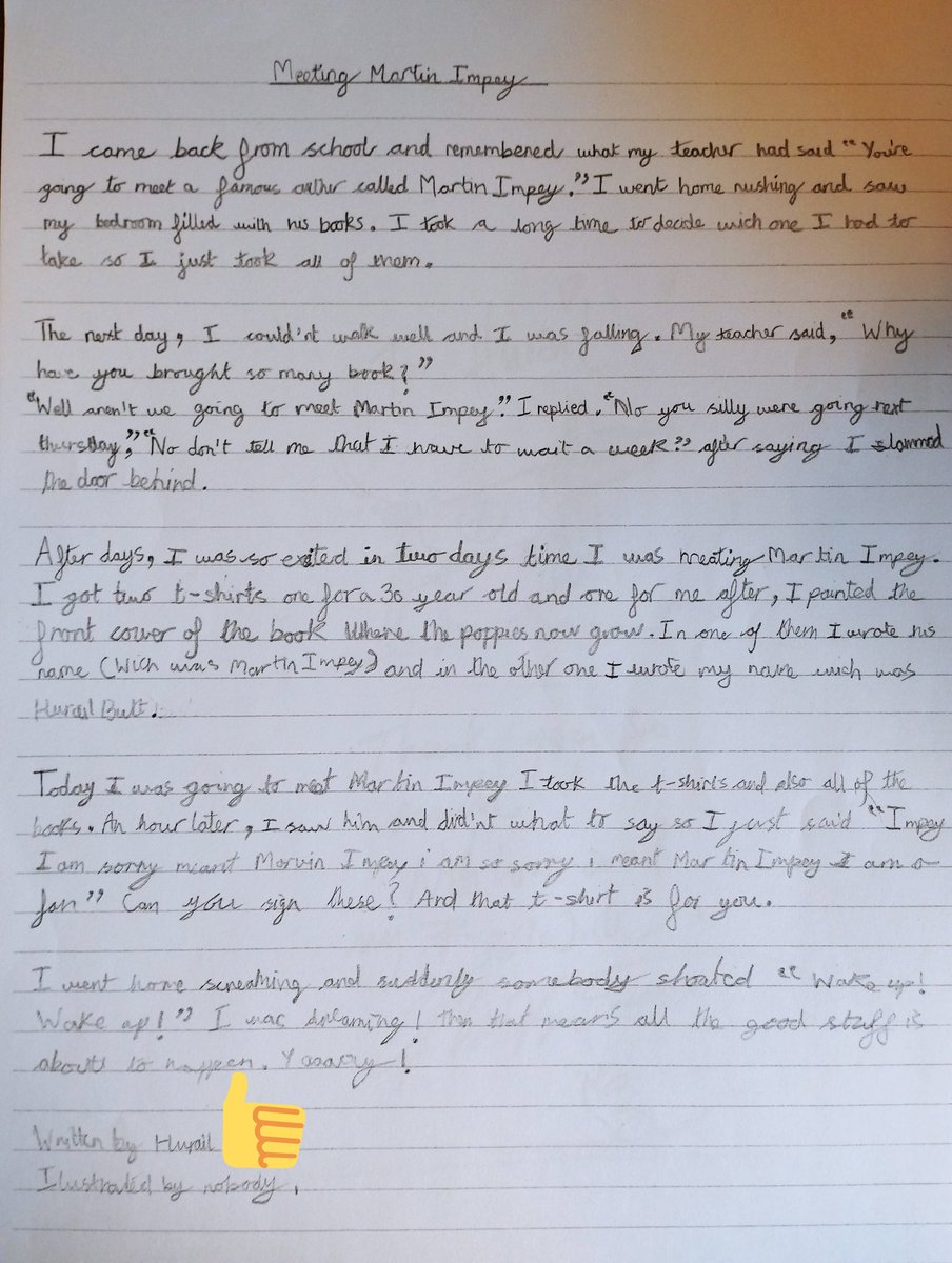 EnglishDixonsMN's tweet photo. One of our pupils presented @Martin_Impey with this great story about meeting him that she'd written at home. He very kindly responded with creating this awesome personalised picture! @dixonsmnp @bradfordlibs247 https://t.co/JjszpRzyz2
