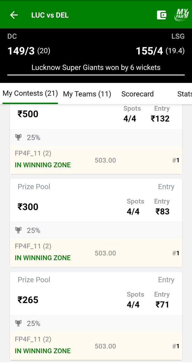SportsStatsFree's tweet photo. Super Ultra Clean Sweep with the SAME TEAM of TELEGRAM at MyFab11 in LSG vs DC 15th Match of IPL 2022. Congratulations to Fantasy Prediction For Free YouTube Channel and Telegram Channel Regular Members. #FantasyPredictionForFree #EasyWinnings #WonSL #Dream11 #LSGvsDC #IPL2022 https://t.co/HUzOc70JLa