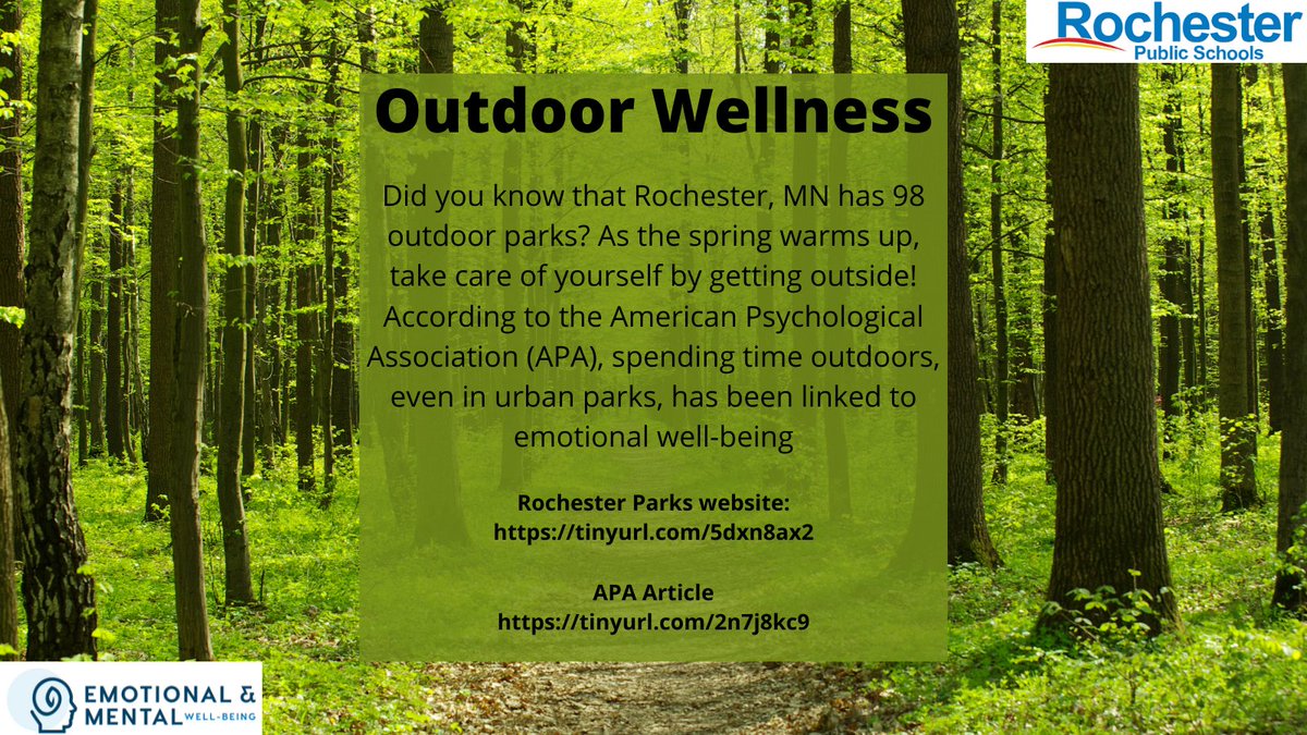 Did you know that Rochester, MN has 98 outdoor parks? As the spring warms up, take care of yourself by getting outside! According to the APA, spending time outdoors, even in urban parks, has been linked to emotional well-being.
tinyurl.com/5dxn8ax2
tinyurl.com/2n7j8kc9