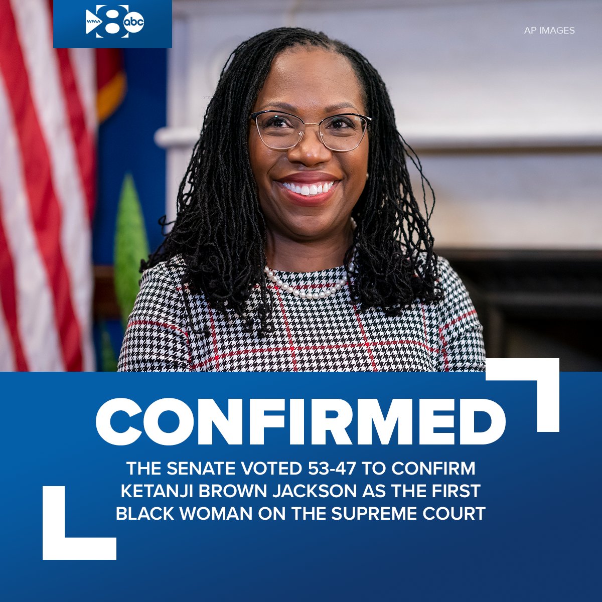 BREAKING: Senate confirms Ketanji Brown Jackson to Supreme Court. 

MORE: wfaa.com/article/news/n…