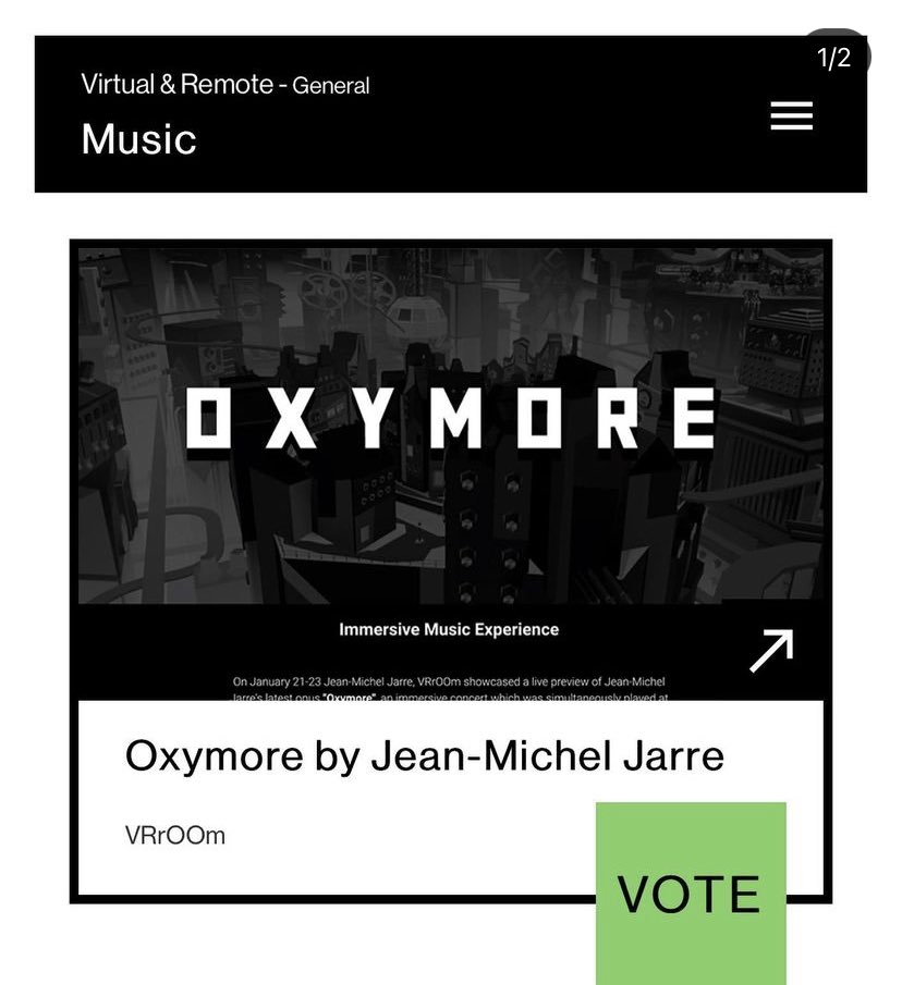 Cacciuttolo_L's tweet image. Oxymore 🔊is nominated in the "Best music" and "Honoree" categories at this year @TheWebbyAwards @jeanmicheljarre 

You can vote here : bit.ly/3xb9aRn 👈🏼 

#WebbyAwards #Oxymore #VRrOOm #JeanMichelJarre