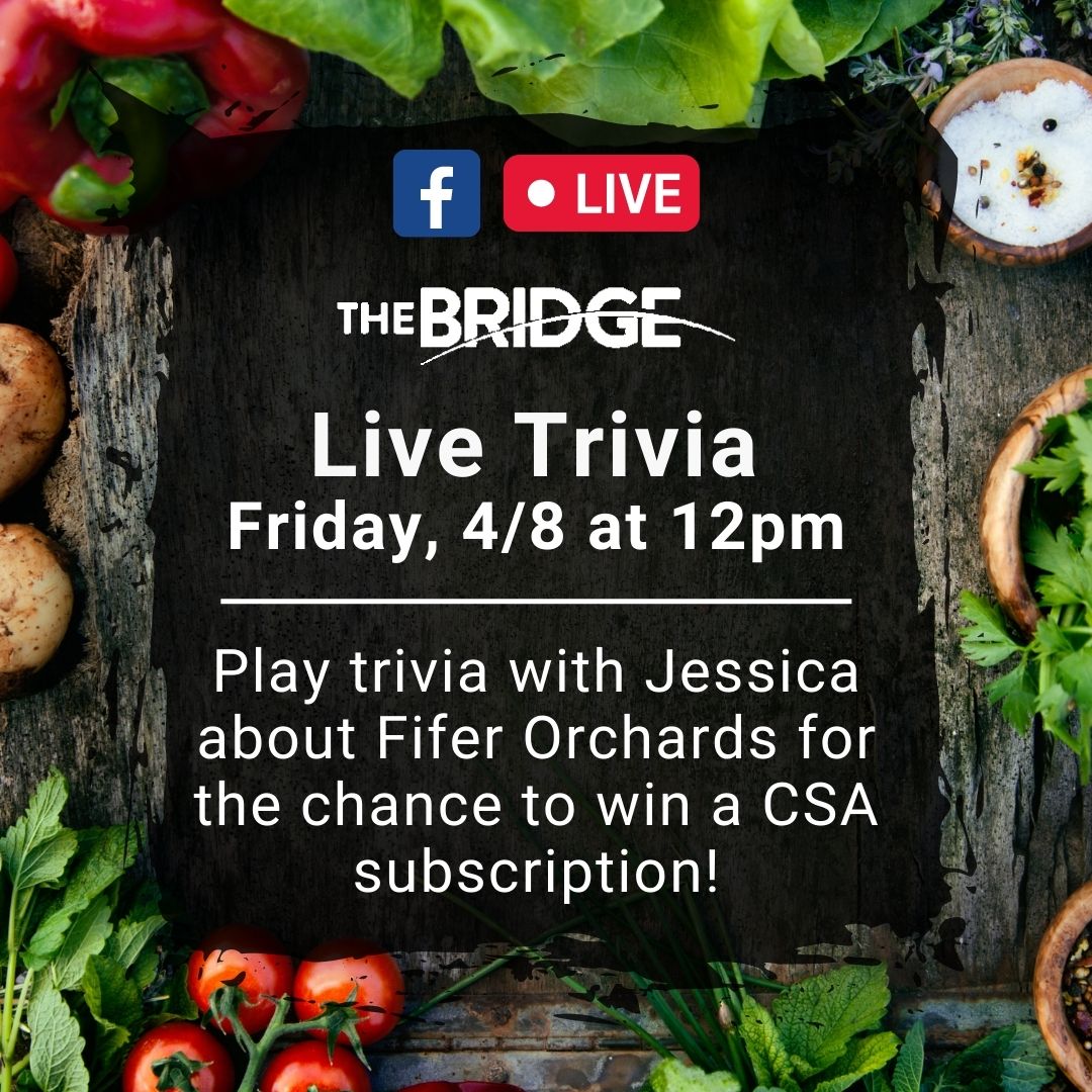 Tune in tomorrow at noon for a Facebook Live trivia game with 88.7 The Bridge radio. Our amazing CSA Coordinator (Jessica) will test your knowledge of Fifer's for a chance to win a FREE Farm Box CSA subscription! 🍎🥦🍠🥬

👉 Details here: bit.ly/3DRox2T