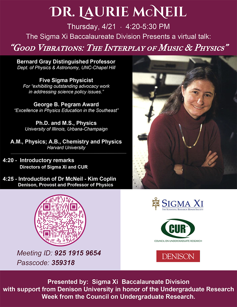 SigmaXiSociety's tweet photo. Join the Sigma Xi Baccalaureate Division April 21 for "Good Vibrations: The Interplay of Music &amp; Physics” with @UNCPhysics' Dr. Laurie McNeil.  Virtual event; open to the public: https://t.co/4mIEe2FGgH

@DenisonU @CURinAction #SigmaXiChapters #Astronomy #Physics #ScienceofMusic https://t.co/JIqDs1Fvt8